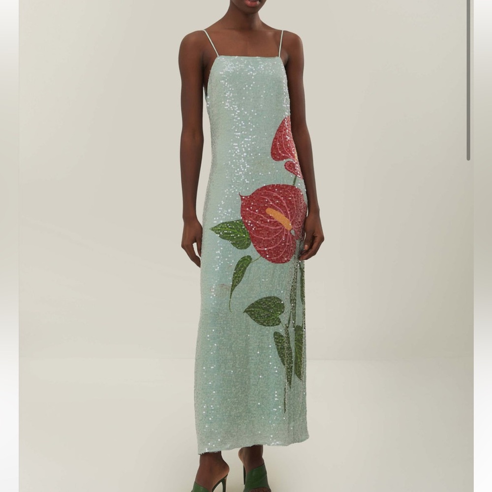 NWT Farm Rio Blue Anthurium Flowers Slip Maxi Size Small